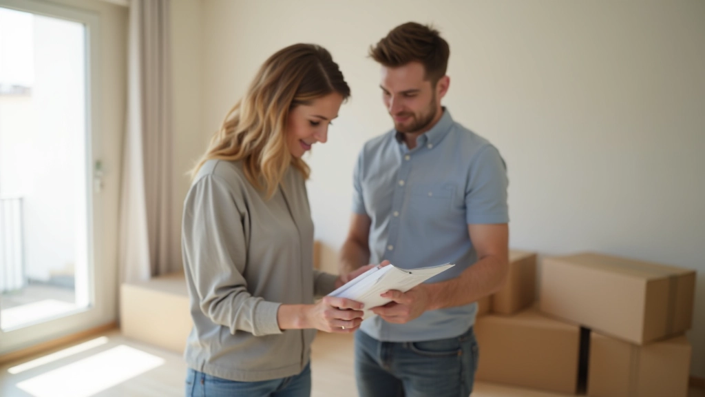 Pareja con cajas de mudanza revisando lista de checklist en apartamento vacío