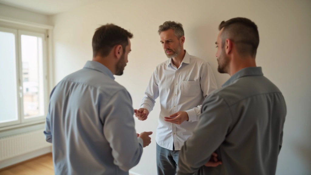 Propietario e inquilino revisan daños en pared de apartamento durante inspección