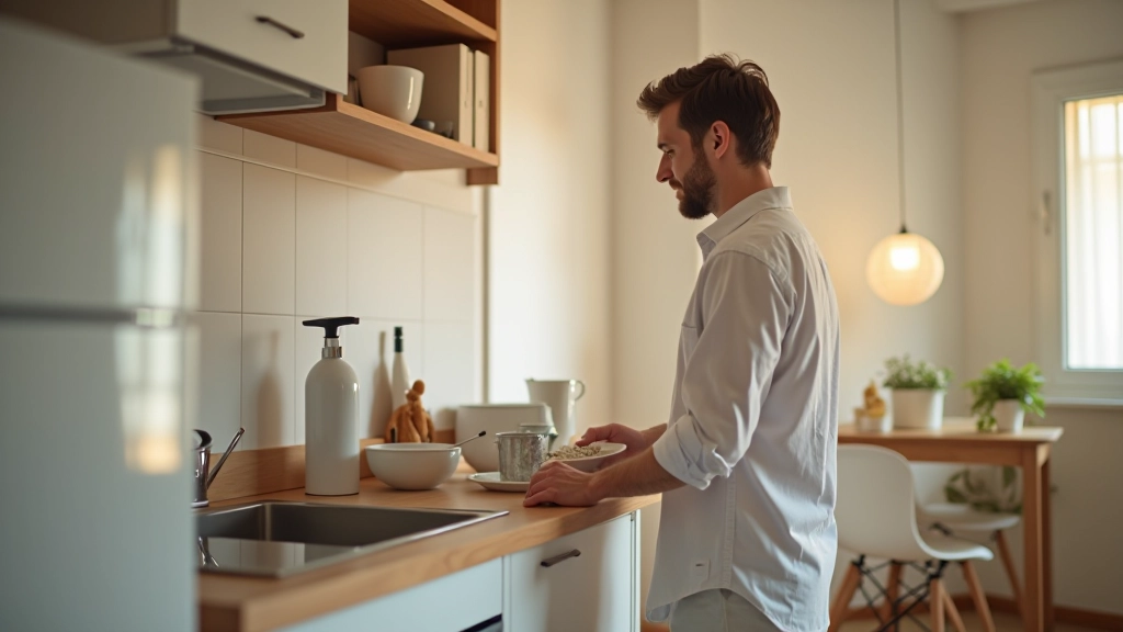 Inquilino limpiando cocina y realizando mantenimiento diario de apartamento alquilado