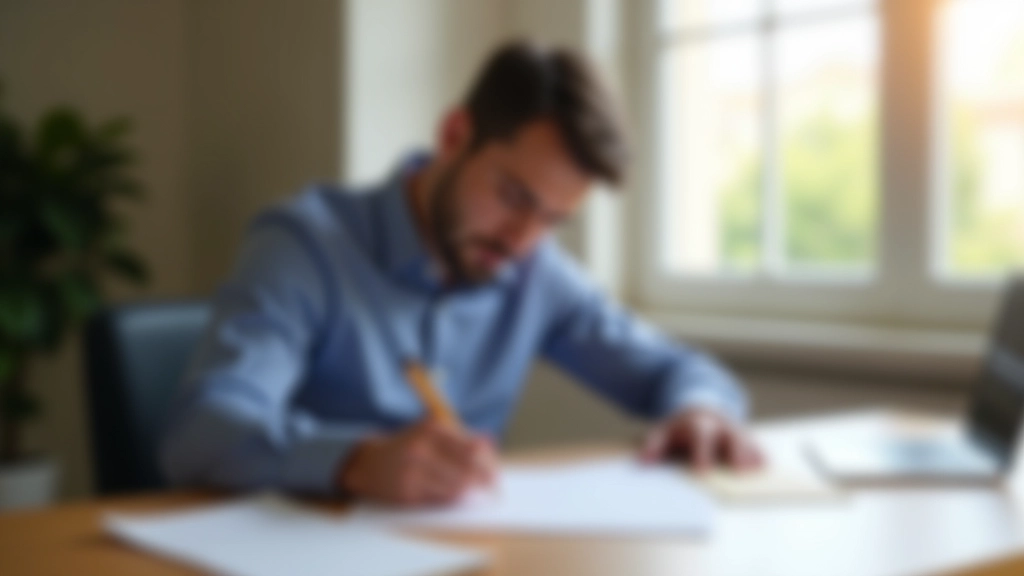 Persona escribiendo carta formal en escritorio con sellos y documentos