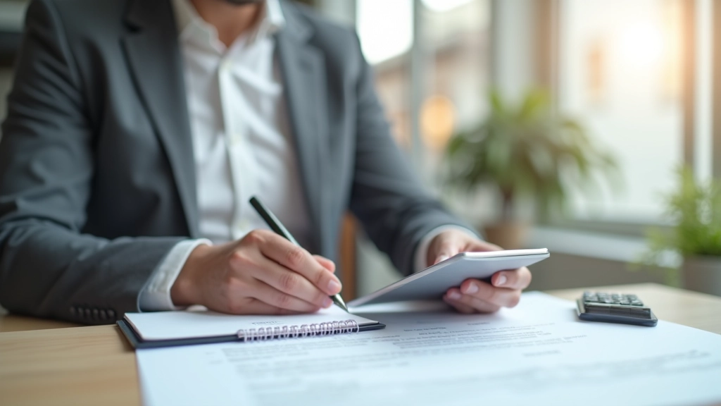 Persona revisando documento de contrato de alquiler con calculadora y notas