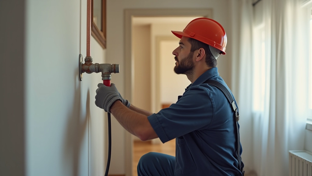 Fontanero reparando tubería en pared dentro de vivienda alquilada con herramientas profesionales