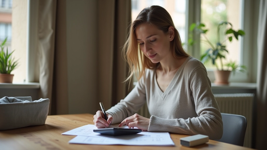 Persona calculando gastos de alquiler con calculadora y cuaderno en escritorio ordenado