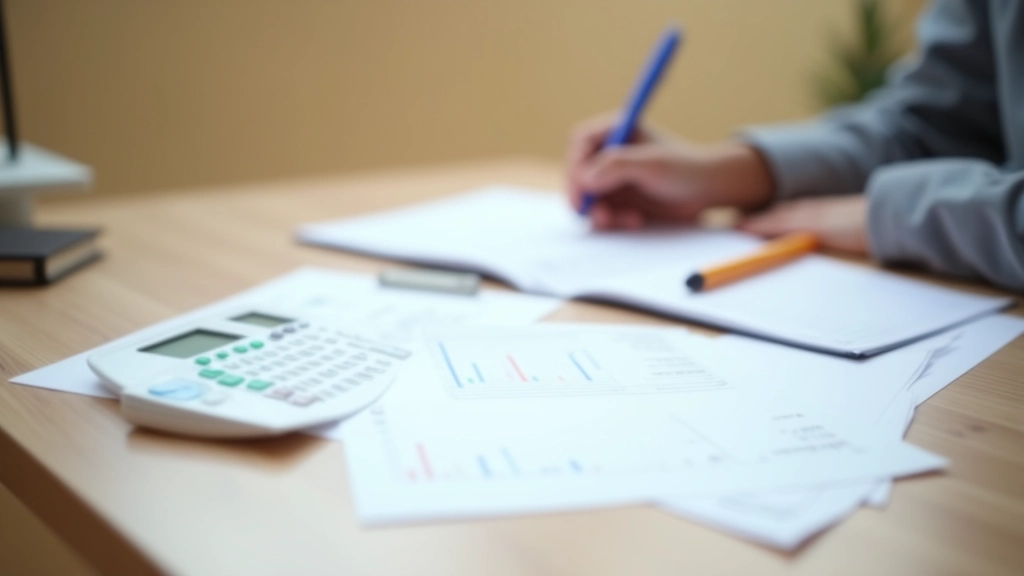Mesa de oficina con documentos financieros, gráficos de presupuesto y calculadora sobre superficie de madera