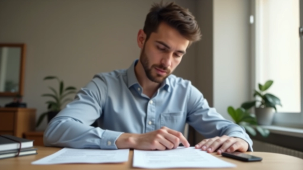 Persona joven revisando documento de contrato de arrendamiento con expresión de concentración en ambiente interior moderno