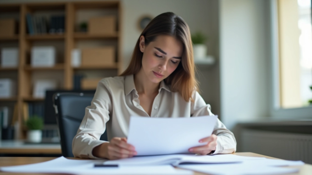 Mujer profesional revisando documentos sobre derechos de inquilino en oficina moderna